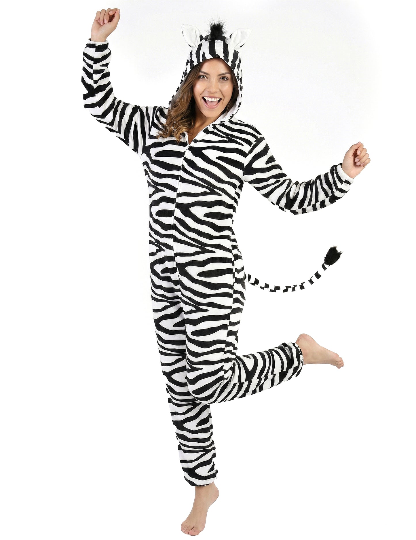 Déguisement zèbre pour femme à rayures blanches et noires avec capuche et queue