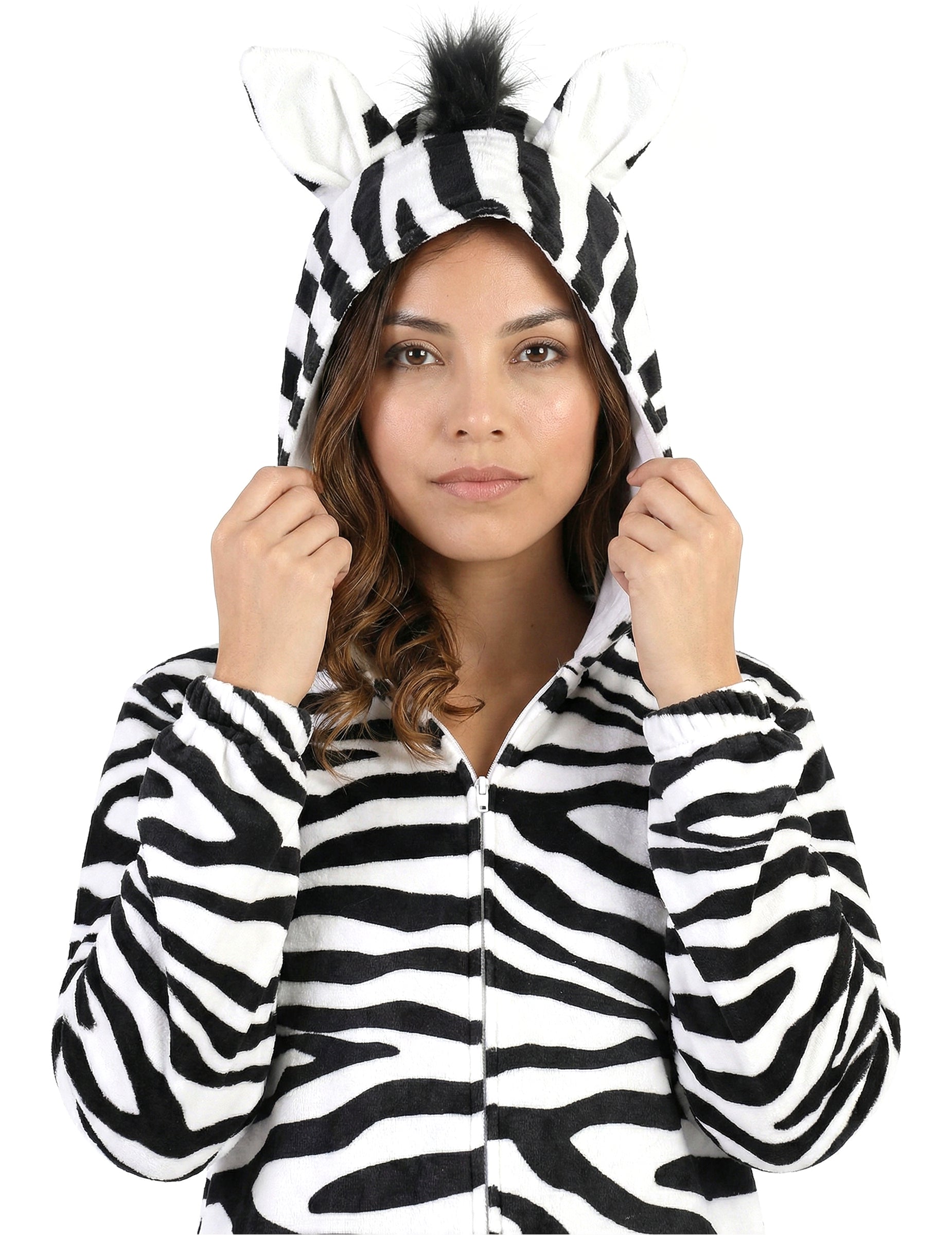 Gros plan sur la capuche à oreilles et crinière du déguisement zèbre pour femme