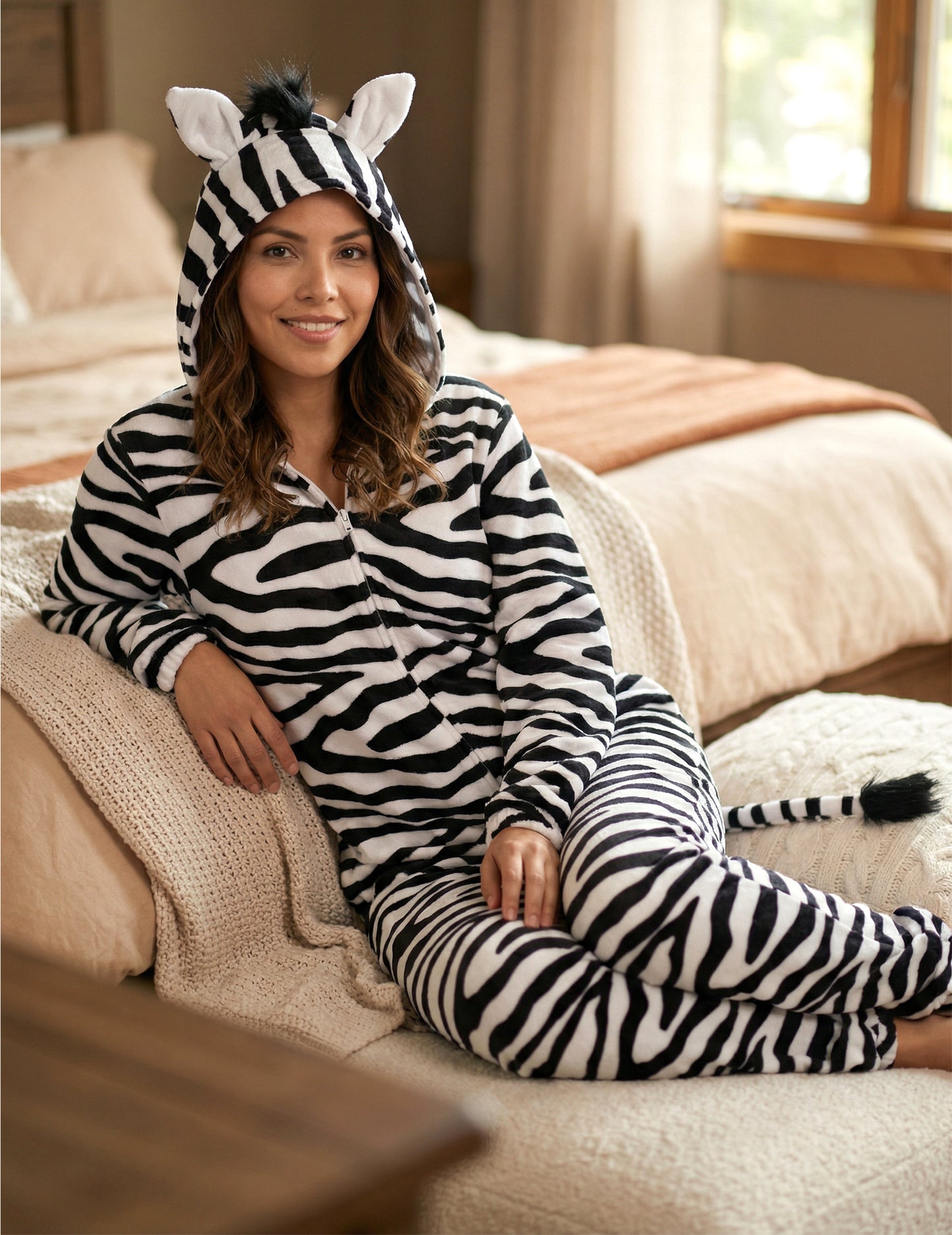 Vue assise du déguisement zèbre pour femme