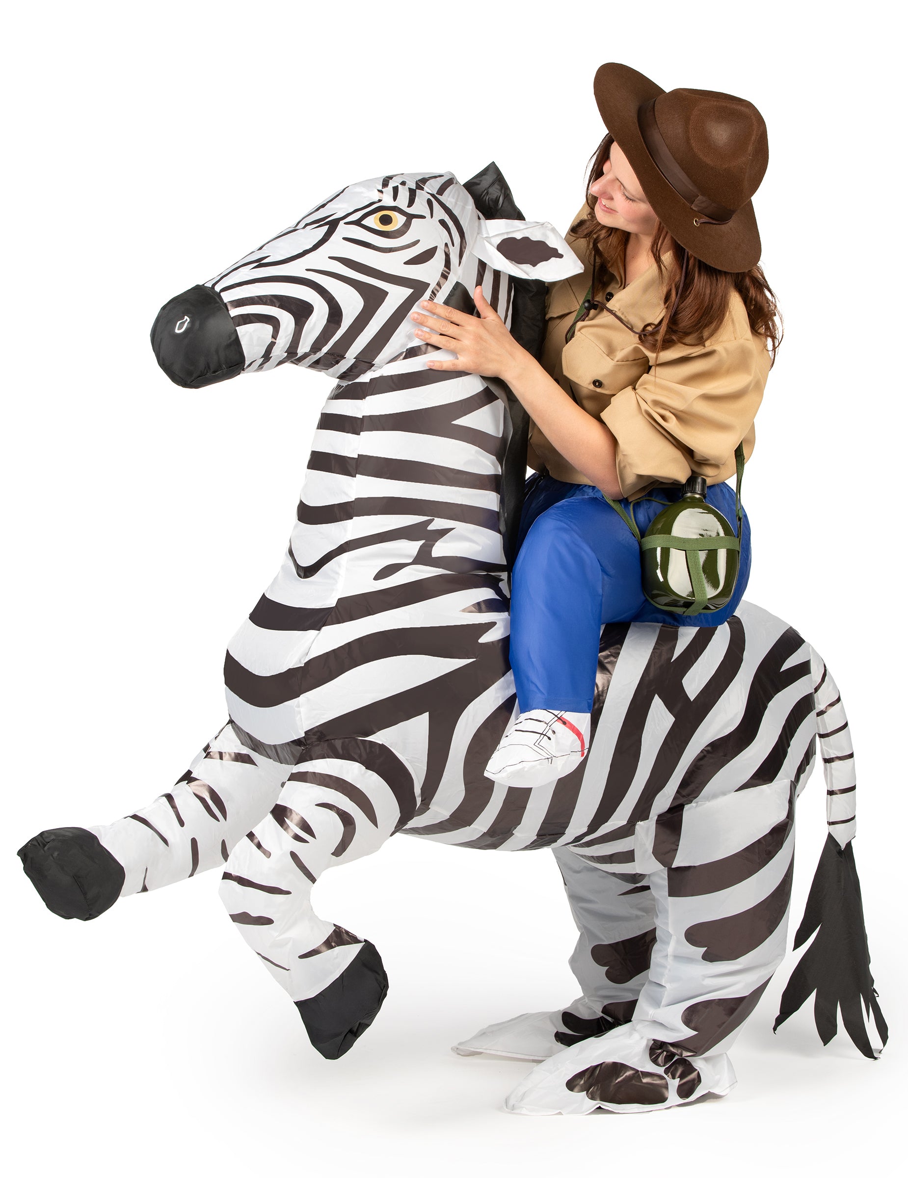 Vue de profil du déguisement gonflable de zèbre pour adulte