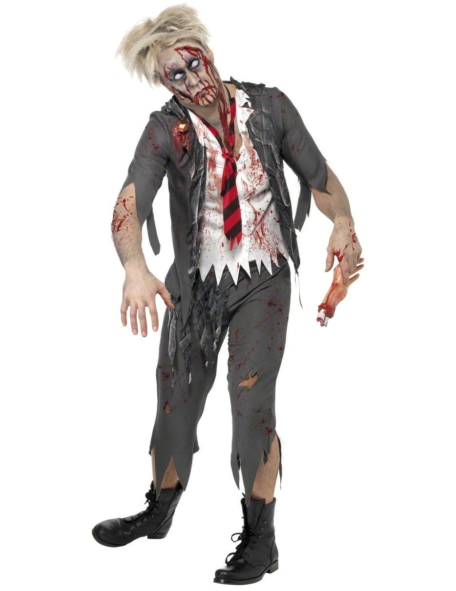 Déguisement de zombie écolier pour homme gris et blanc ensanglanté