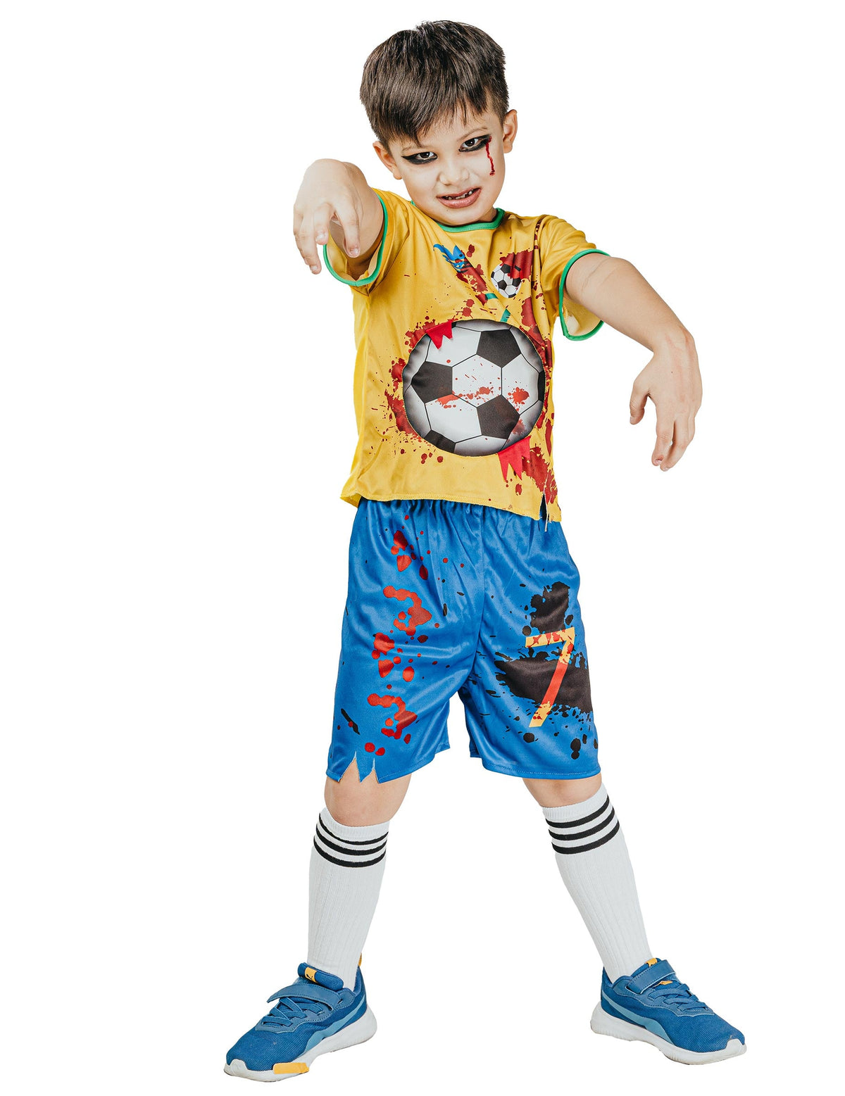 Déguisement zombie joueur de foot pour enfant jaune et bleu ensanglanté