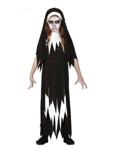 Déguisement zombie nonne pour fille noir et blanc avec bords dentelés