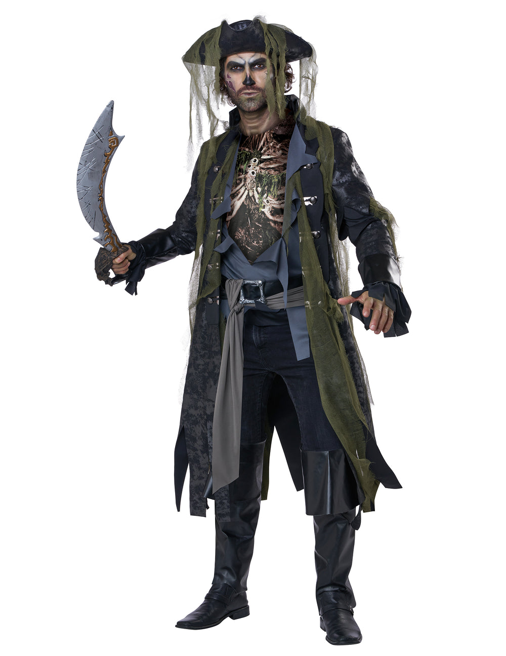 Déguisement pirate zombie luxe pour adulte gris et vert avec chapeau et sabre