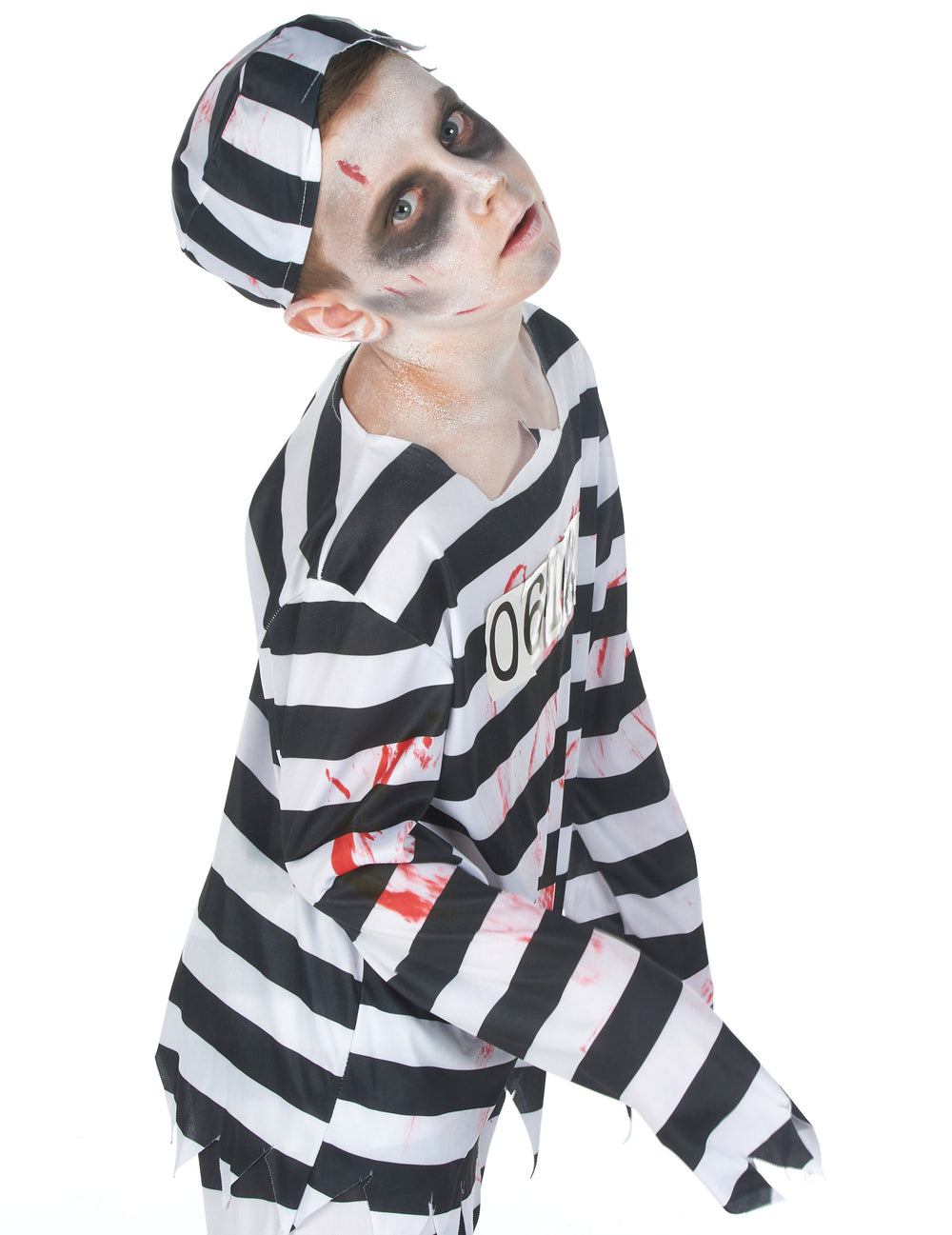 Détail du haut ensanglanté et du matricule du déguisement zombie prisonnier garçon Halloween