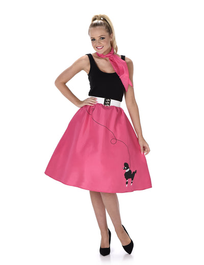 Déguisement années 50 pour femme rose fuchsia avec jupe caniche et foulard