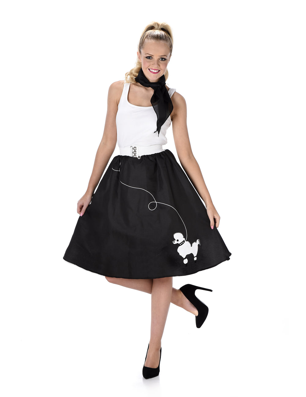 Déguisement années 50 pour femme noir avec jupe caniche et foulard