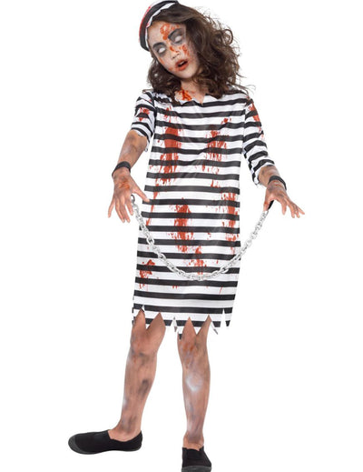 Déguisement de prisonnière enchaînée zombie pour fille noir et blanc ensanglanté