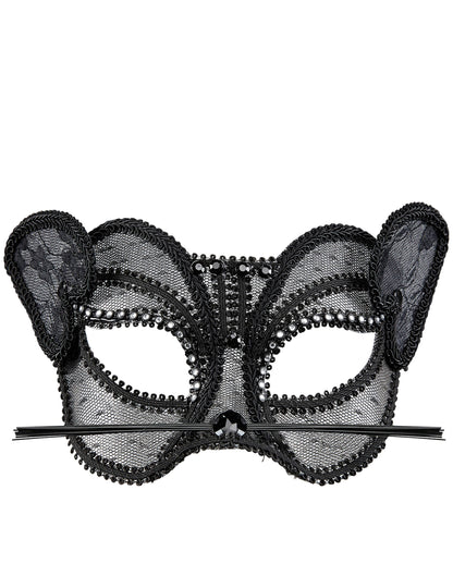 Vue de face du demi masque chat sexy en dentelle