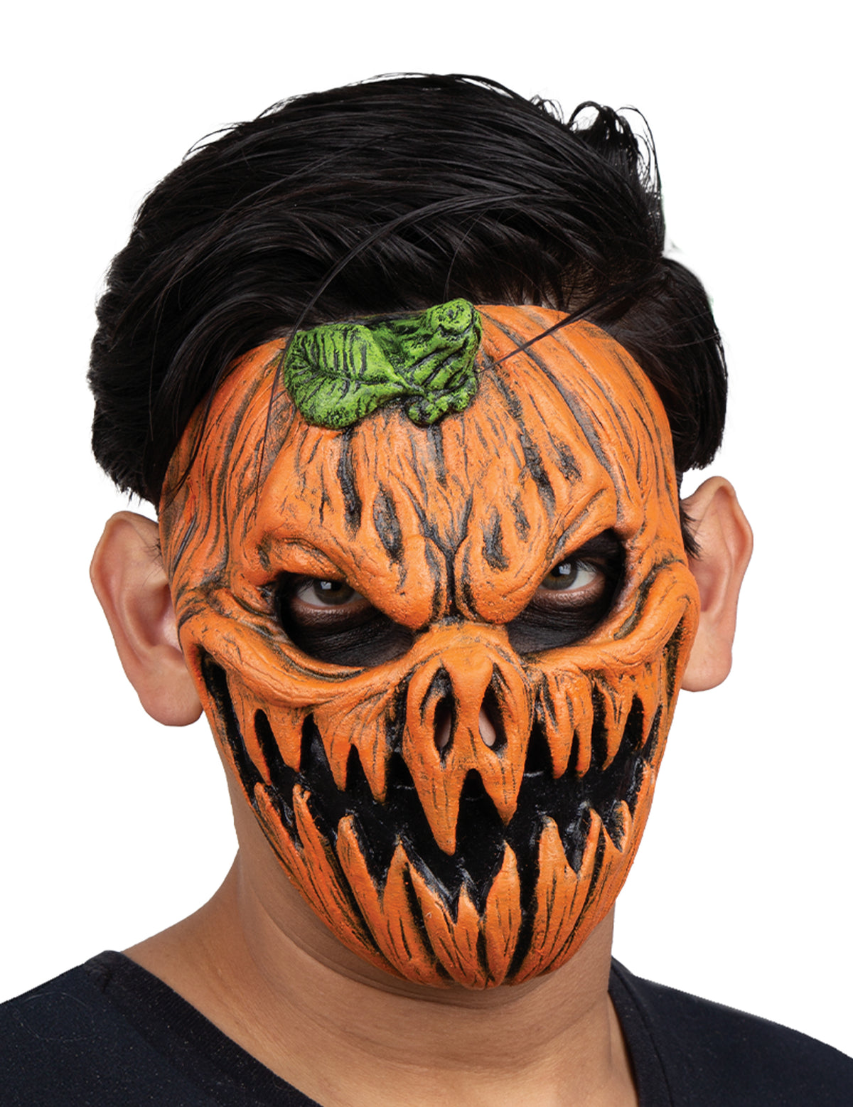 Demi-masque citrouille hantée pour adulte orange et noir avec feuille verte