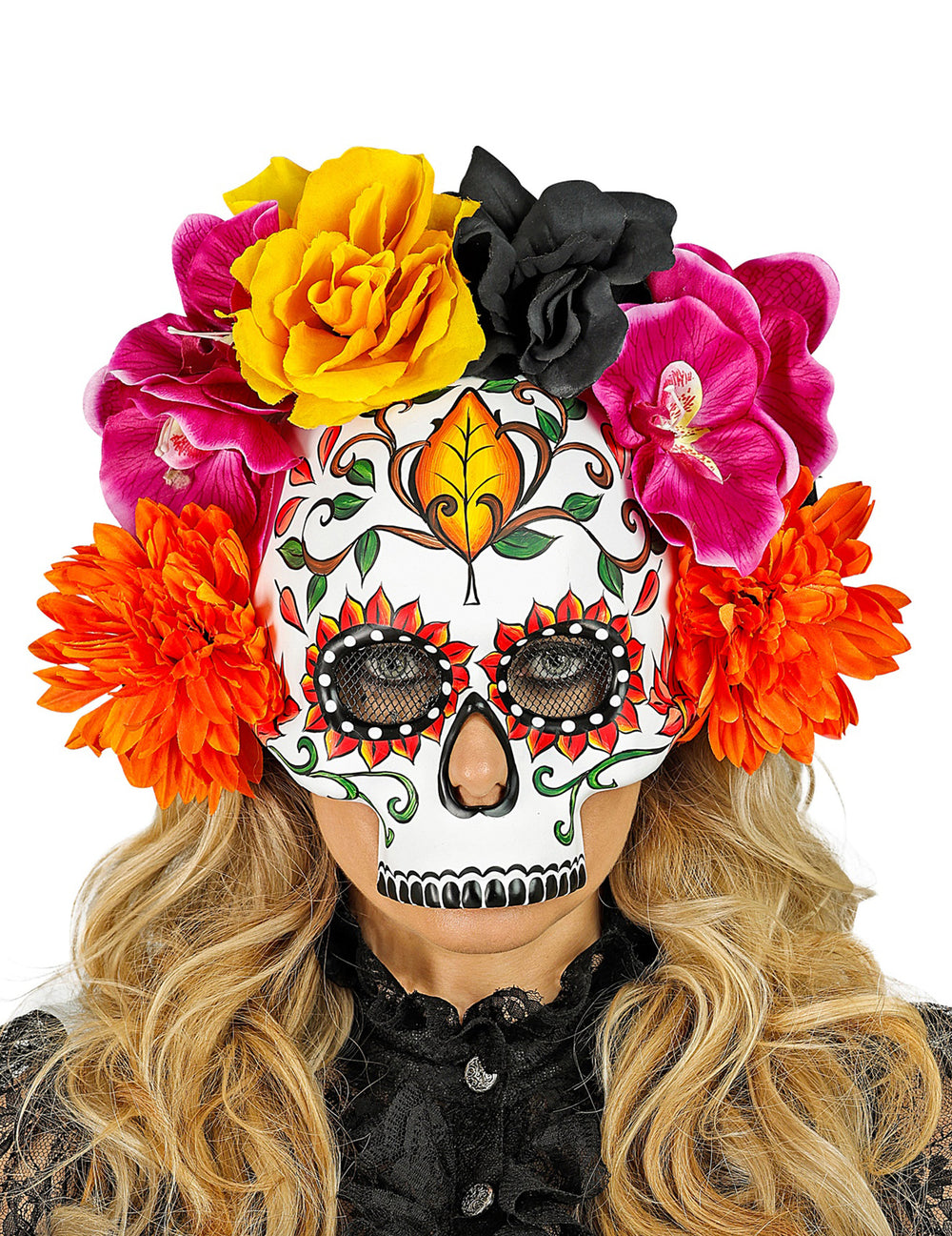 Demi masque crâne avec fleurs colorées pour adulte blanc et multicolore