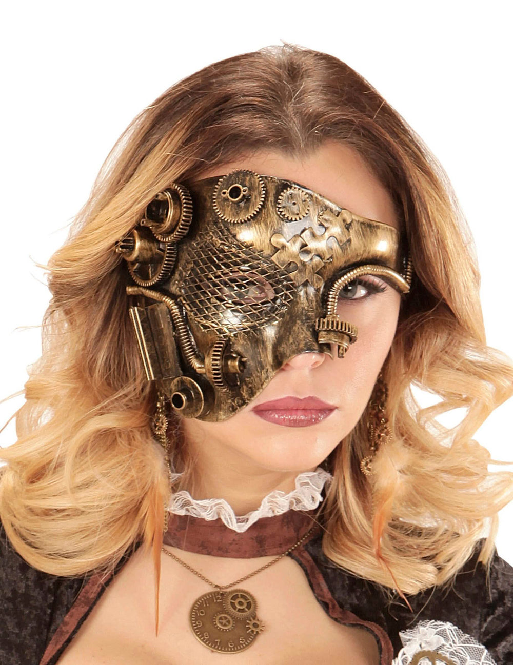 Polovičná maska steampunk pre dospelého zlatá s ozubenými kolesami