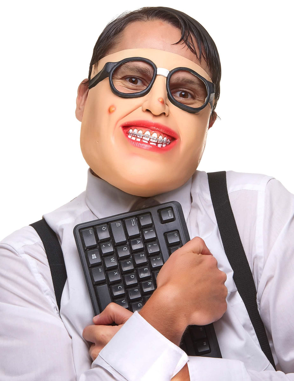 Polomaske z latexu pre dospelého geek s okuliarmi a zubným strojčekom