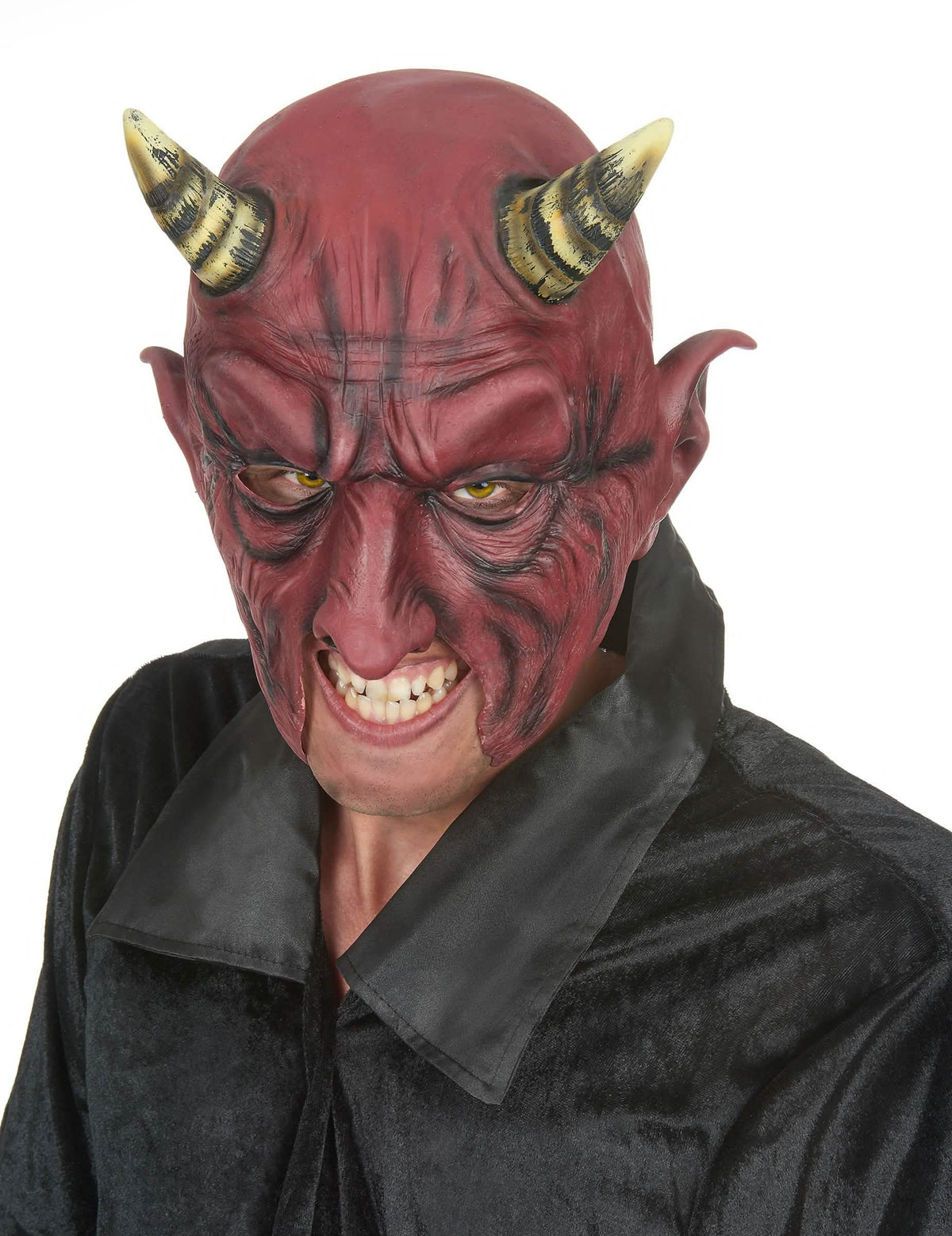 Latexová polomaska démon s rohmi halloween pre dospelého červená