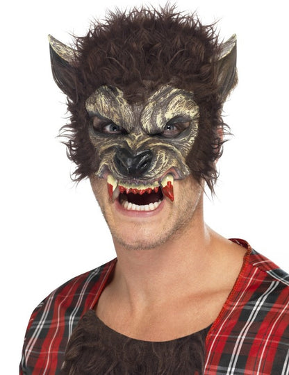 Demi masque loup garou pour adulte marron avec fourrure et dents ensanglantées