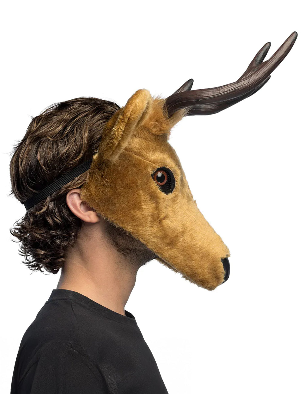 Vue de profil du demi-masque peluche cerf pour adulte