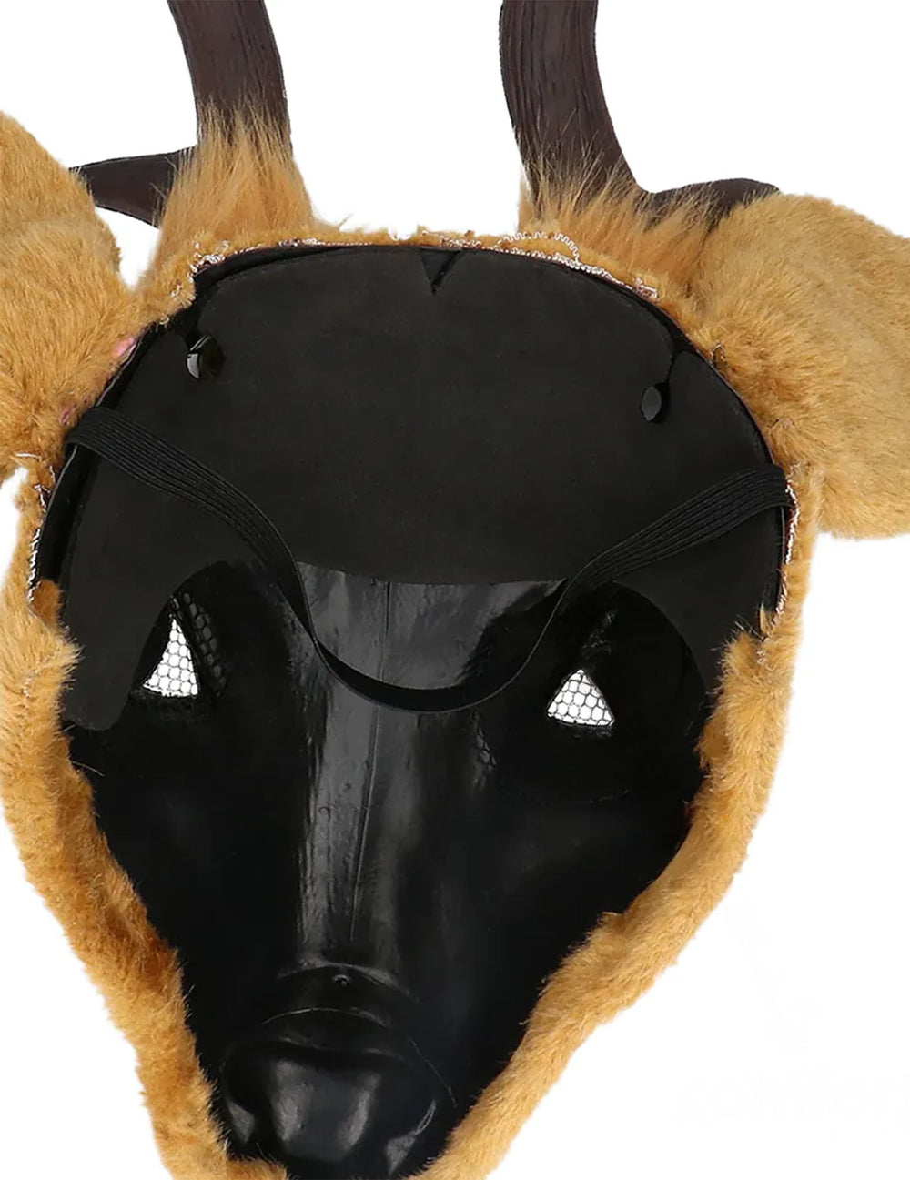 Détail de l'élastique et de l'intérieur du demi-masque peluche cerf pour adulte
