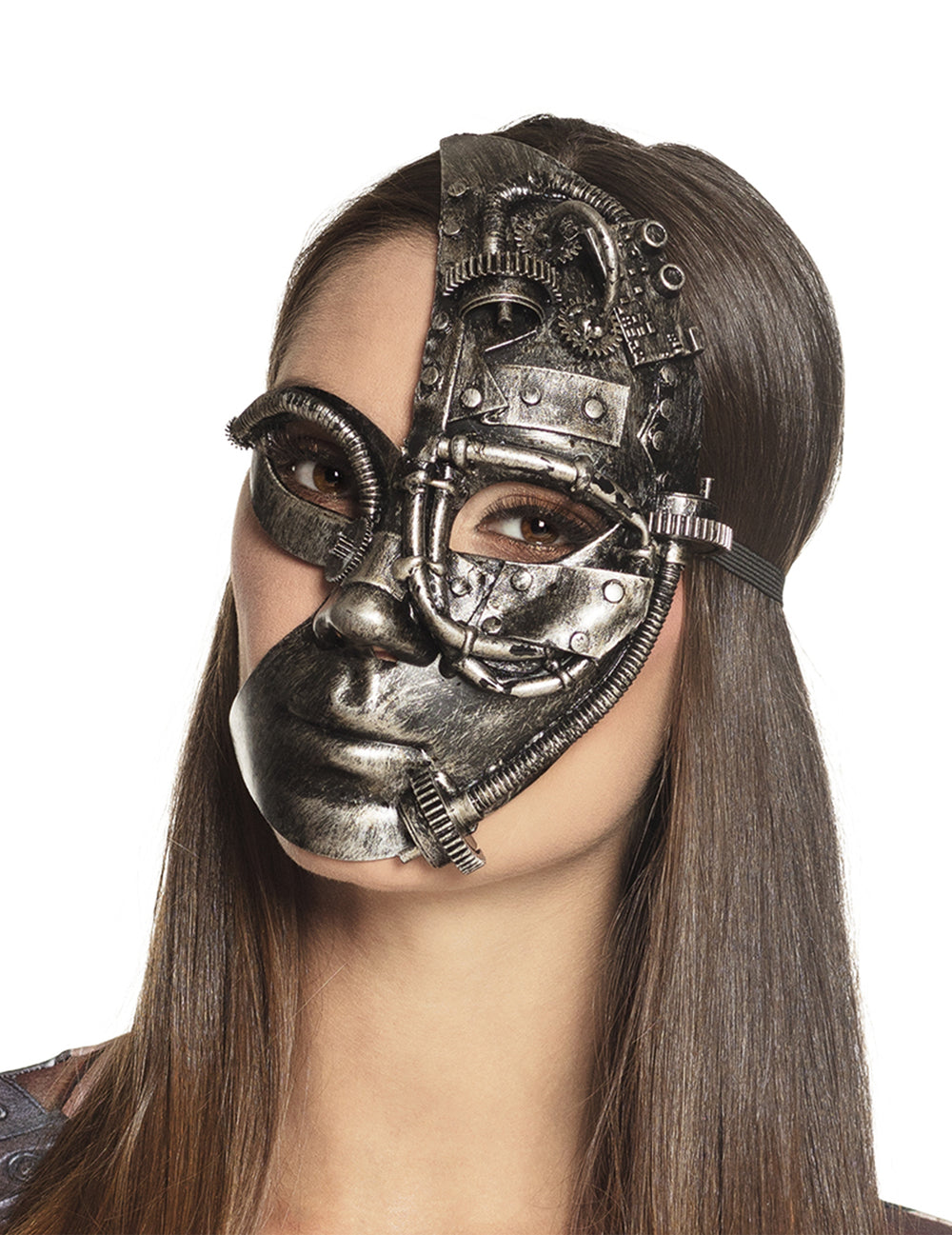 Gros plan du demi masque robot Steampunk porté avec un geste de silence