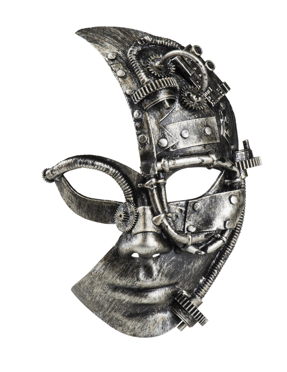 Vue de face avec les mains sur les tempes du demi masque robot Steampunk
