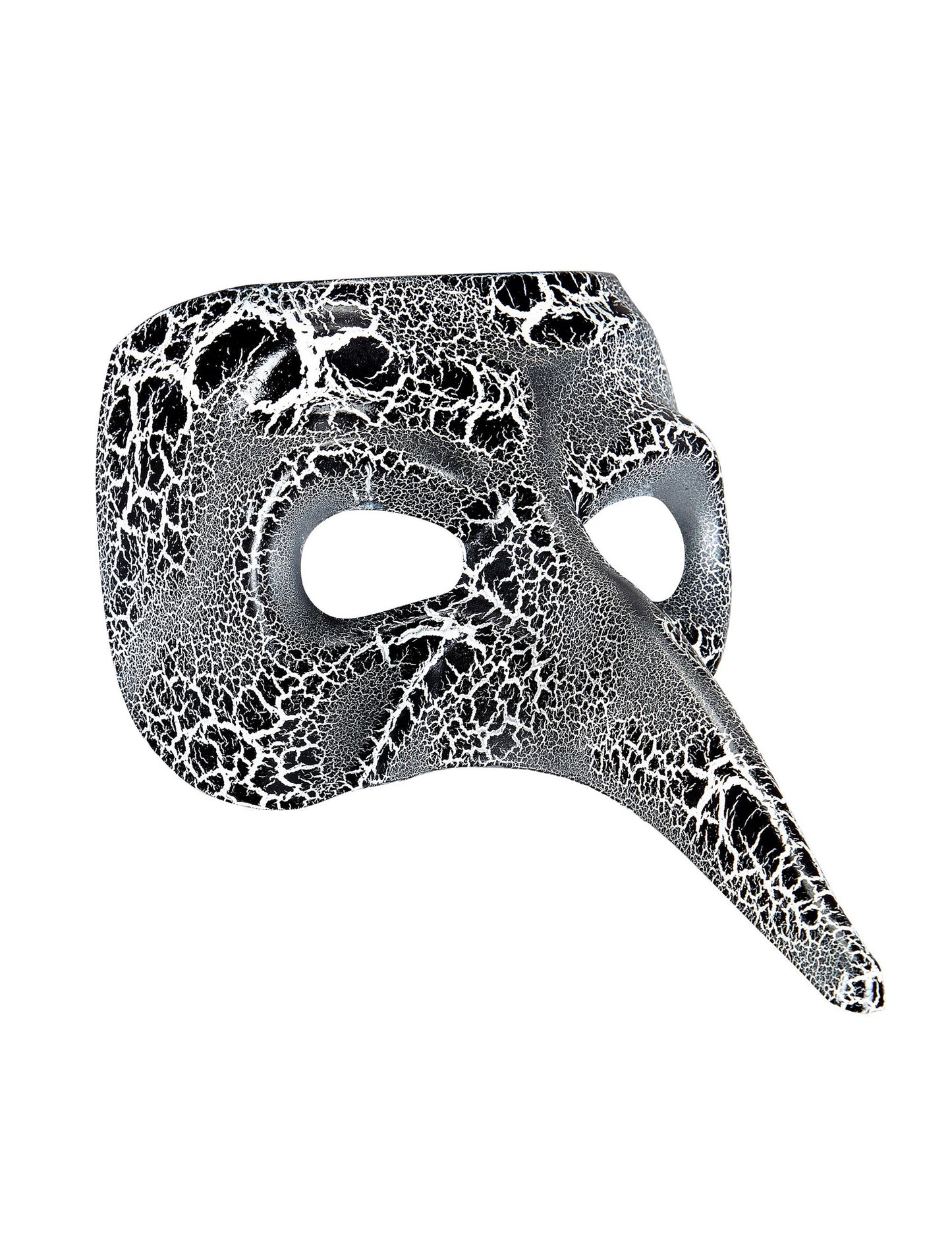 Vue de trois-quarts du demi-masque vénitien à long nez effet craquelé