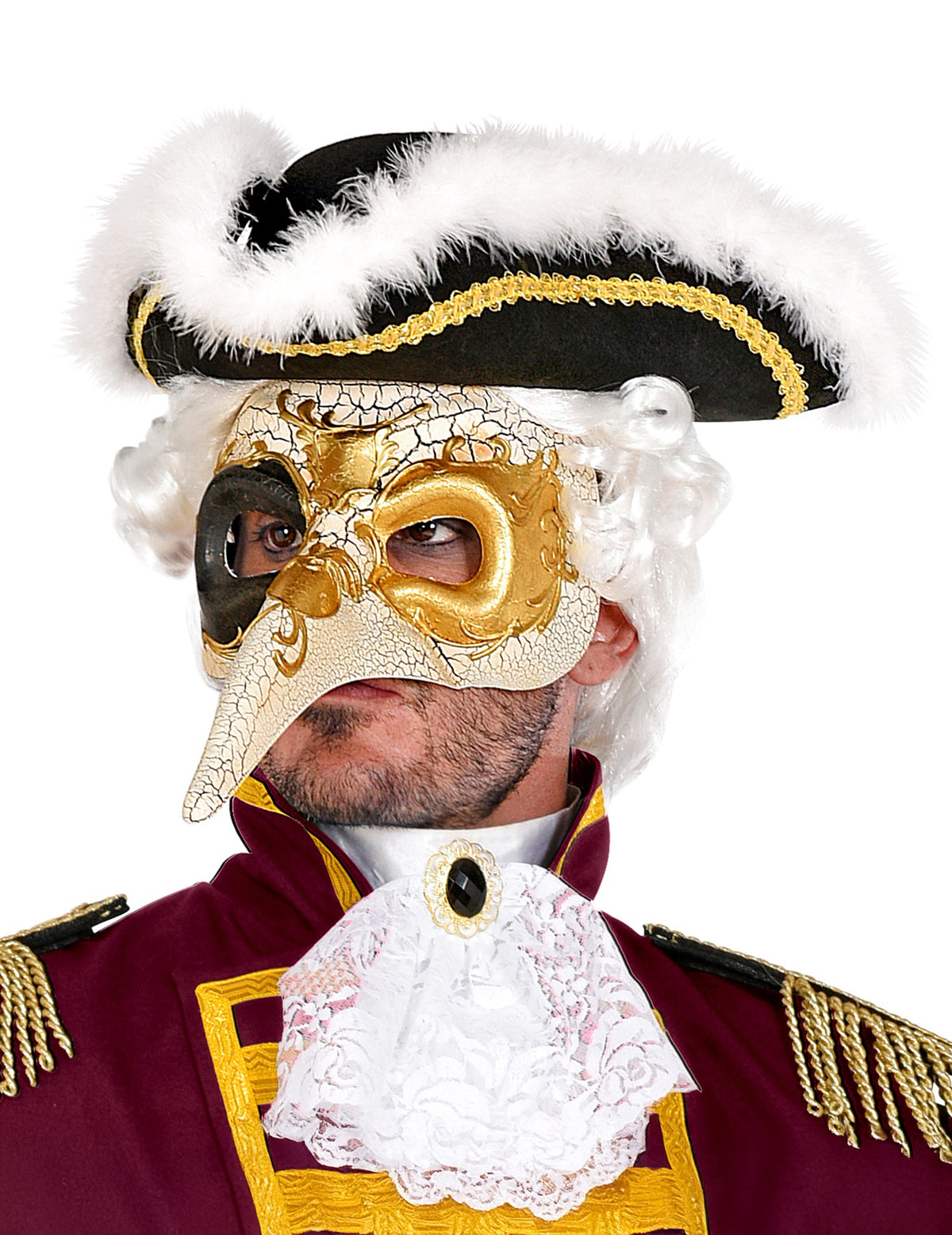 Mise en situation du demi-masque vénitien long nez pour adulte doré