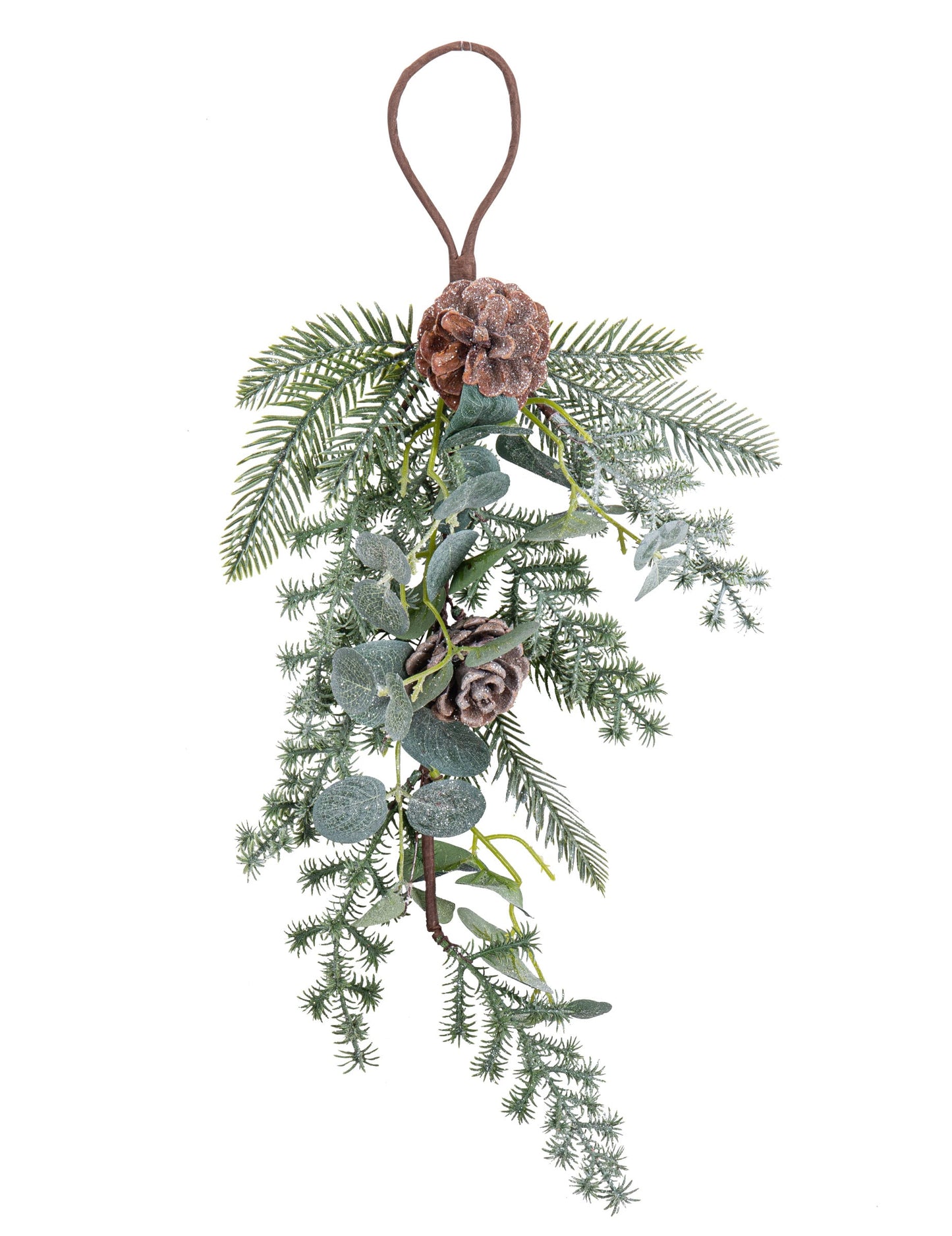 Descente de sapin et eucalyptus avec pommes de pin vert et marron givré