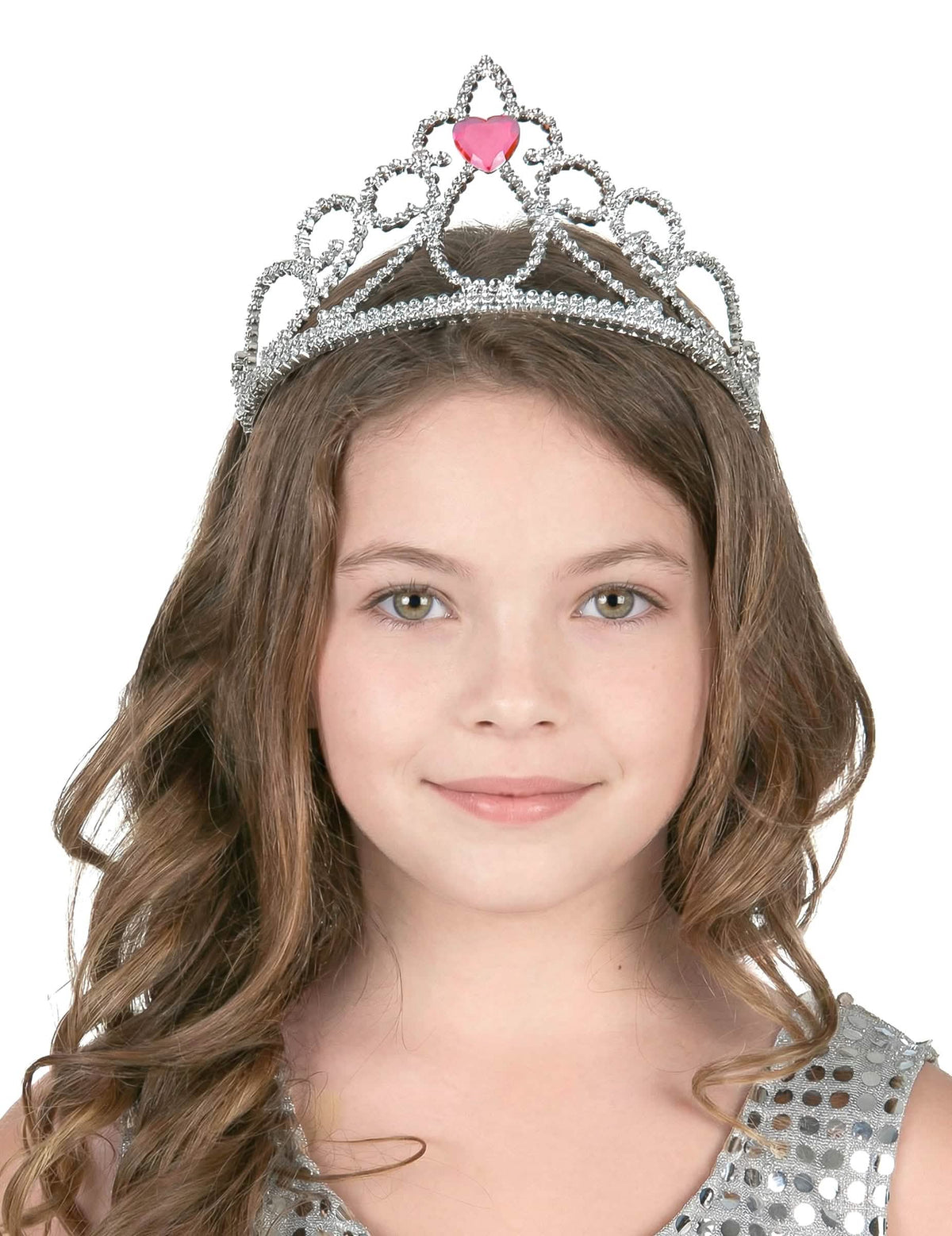 Diadém princeznej so srdcom pre dospelý a dieťa strieborná s ružová kameň