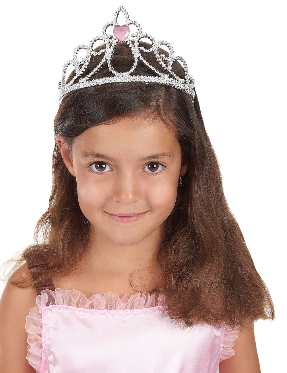 Vue de face du diadème princesse pour enfant avec bijou coeur rose