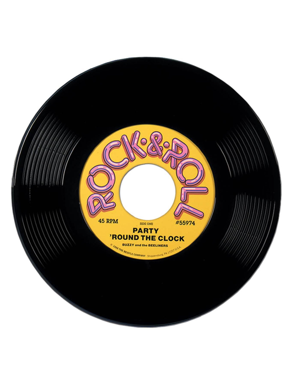 Obrovská vinylová platňa dekorácia 50. roky na párty čierna so žltou etiketou Rock & Roll
