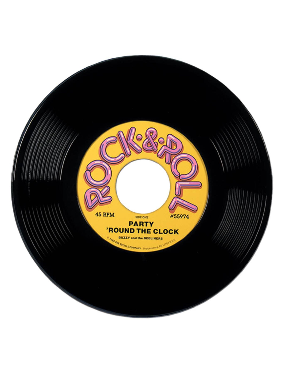 Obrovská vinylová platňa dekorácia 50. roky na párty čierna so žltou etiketou Rock & Roll