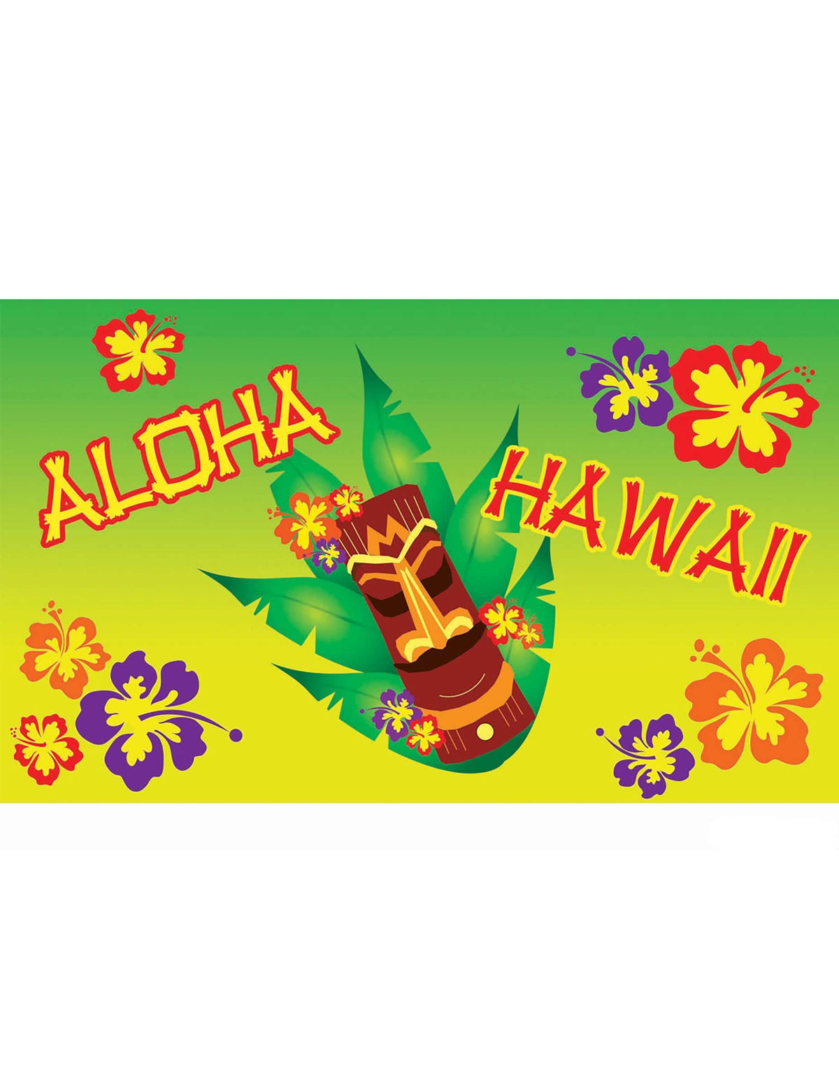 Nástenná dekorácia Aloha zelená a žltá s Tiki a kvetmi ibišteka