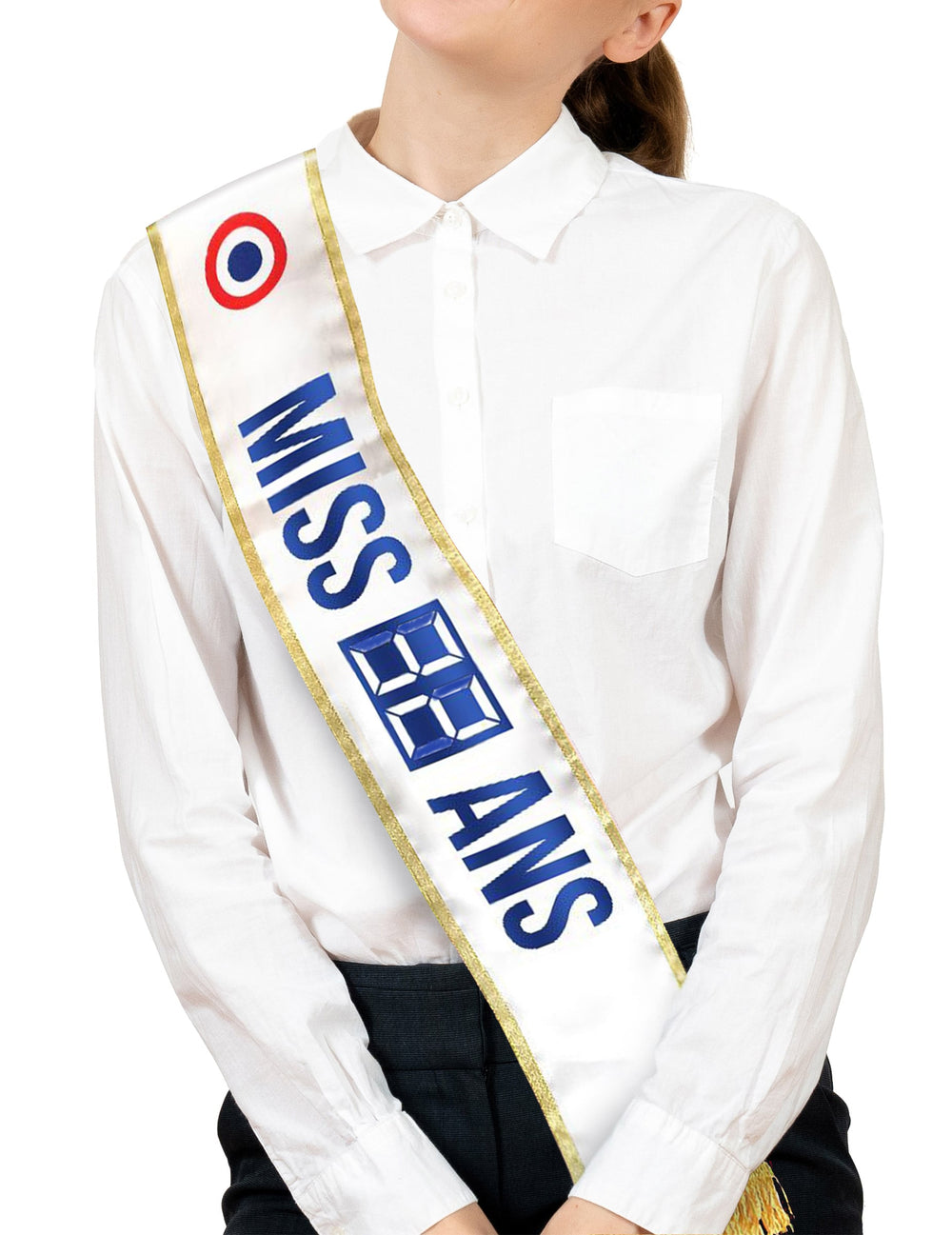 Détail du texte de l'écharpe de miss personnalisable anniversaire
