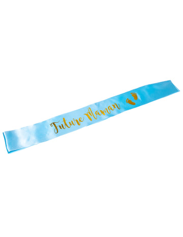 Écharpe en satin future maman pour baby shower bleue et dorure