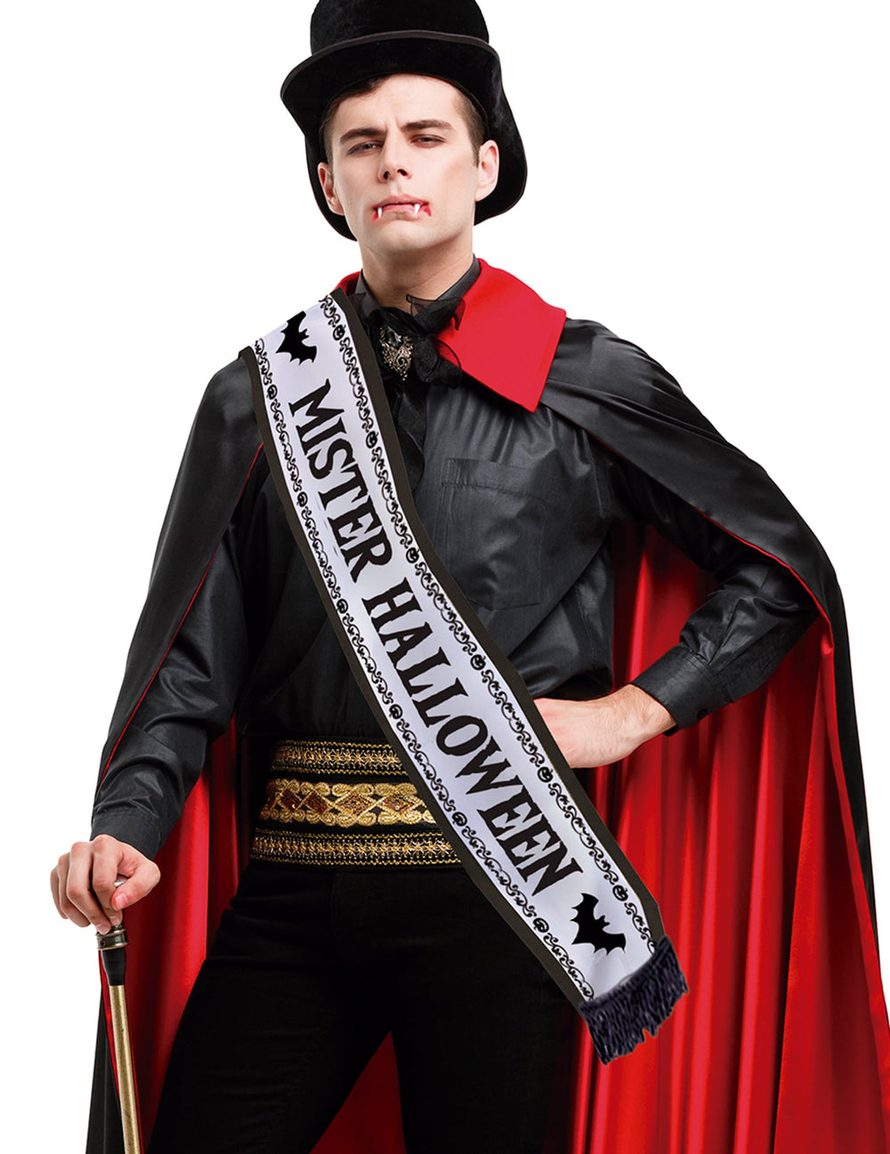 Echarpe Mister Halloween pour adulte blanche avec texte noir et franges