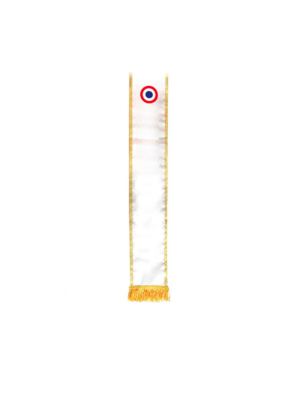Détail de la cocarde et des franges dorées de l'Echarpe tricolore vierge