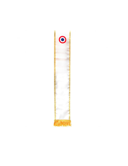 Détail de la cocarde et des franges dorées de l'Echarpe tricolore vierge