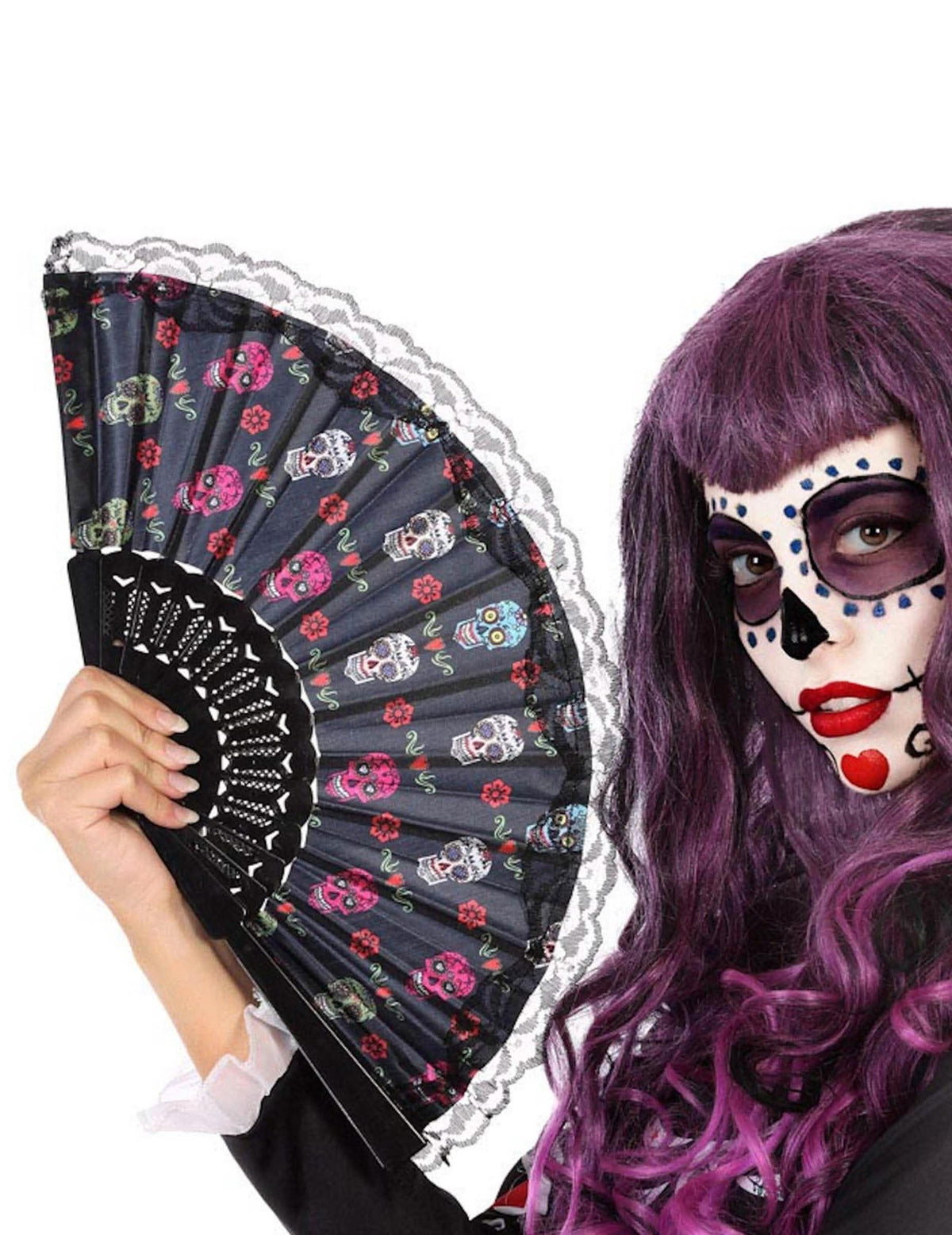 Čipkovaný vejár Dia de los muertos pre dospelého čierna s farebnými vzormi lebiek