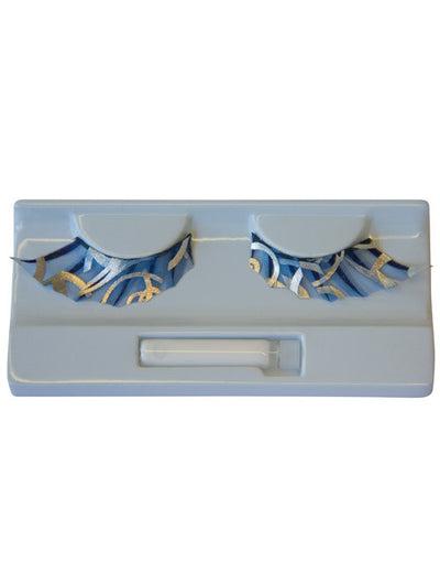 Faux cils festifs pour adulte bleus avec motifs dorés et argentés