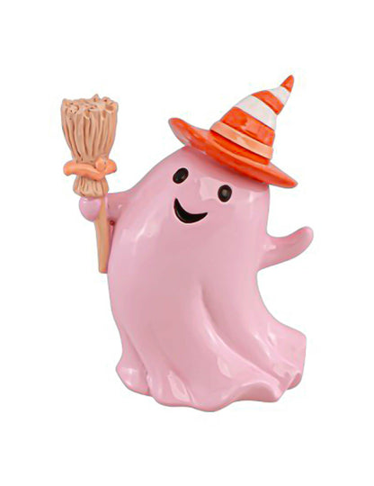 Dekoratívny duch Summerween z živice s pastelovo ružovou metlou 12,3 x 8,8 x 15 cm