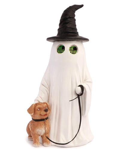 Dekoratívny duch Summerween z živice s bodkovaným klobúkom pre psa a animovanými LED očami 23,5 x 20 x 45,5 cm