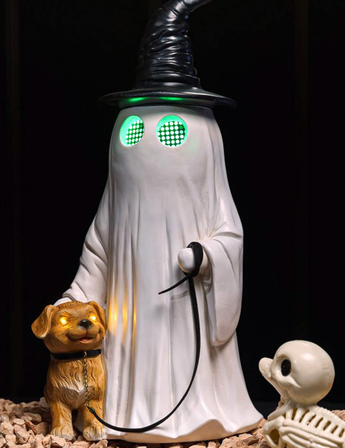 Dekoratívny duch Summerween z živice s bodkovaným klobúkom pre psa a animovanými LED očami 23,5 x 20 x 45,5 cm