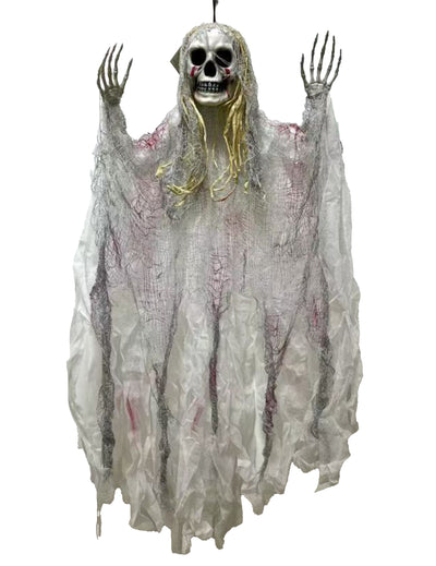 Faucheur sanglant suspendu pour Halloween blanc et gris avec mains de squelette ensanglantées