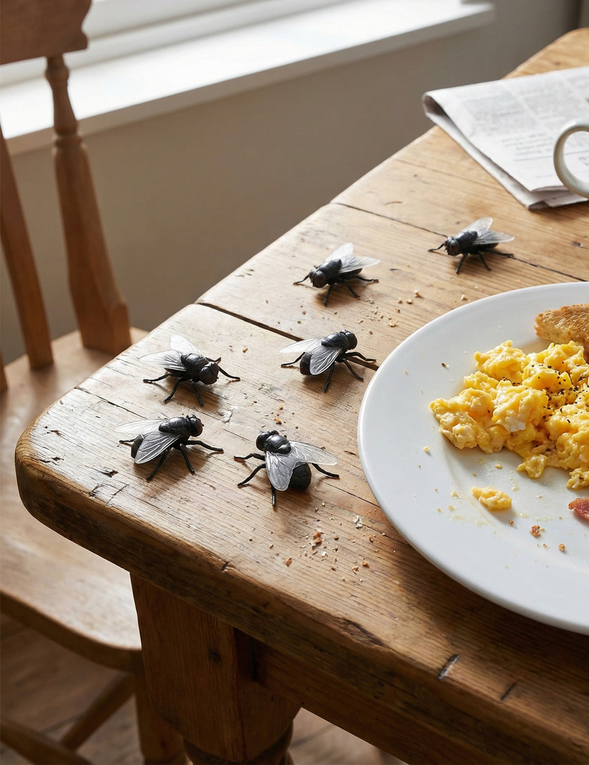 Mise en situation sur une table des fausses mouches farces et attrapes