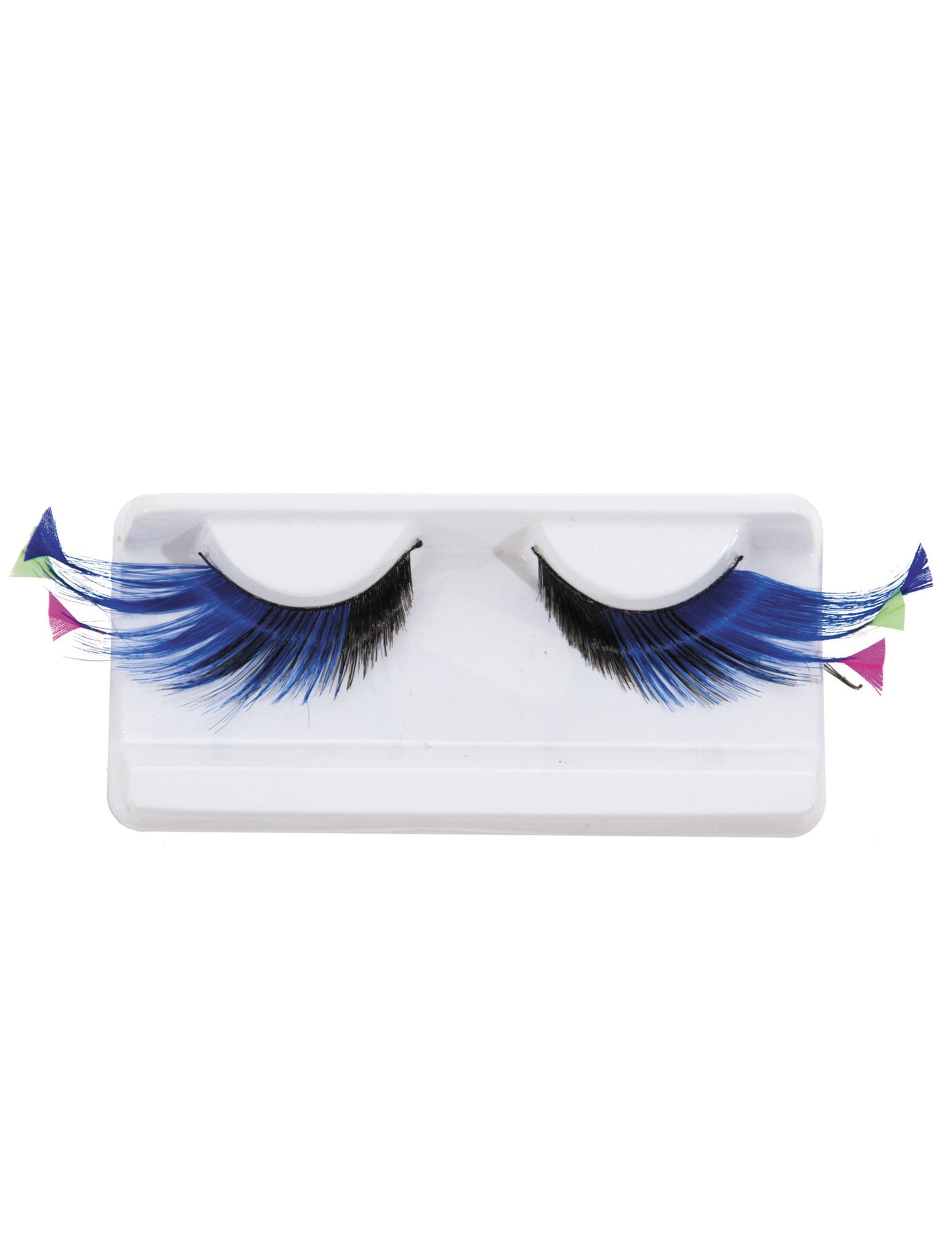 Vue de face de la paire de faux cils longs avec plumes fluo pour adulte