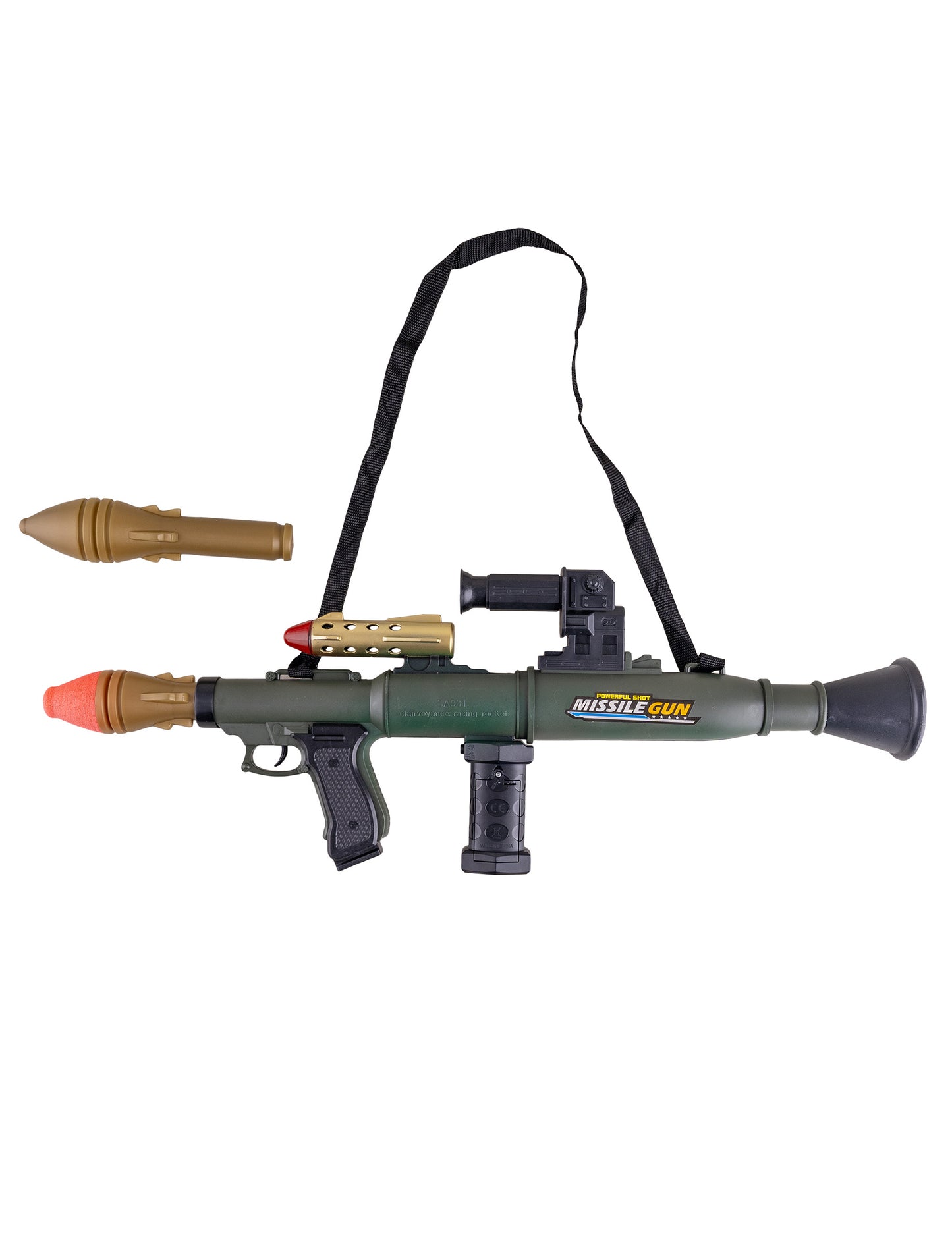 Vue avec sangle et missile du faux lance-roquettes de soldat pour enfant