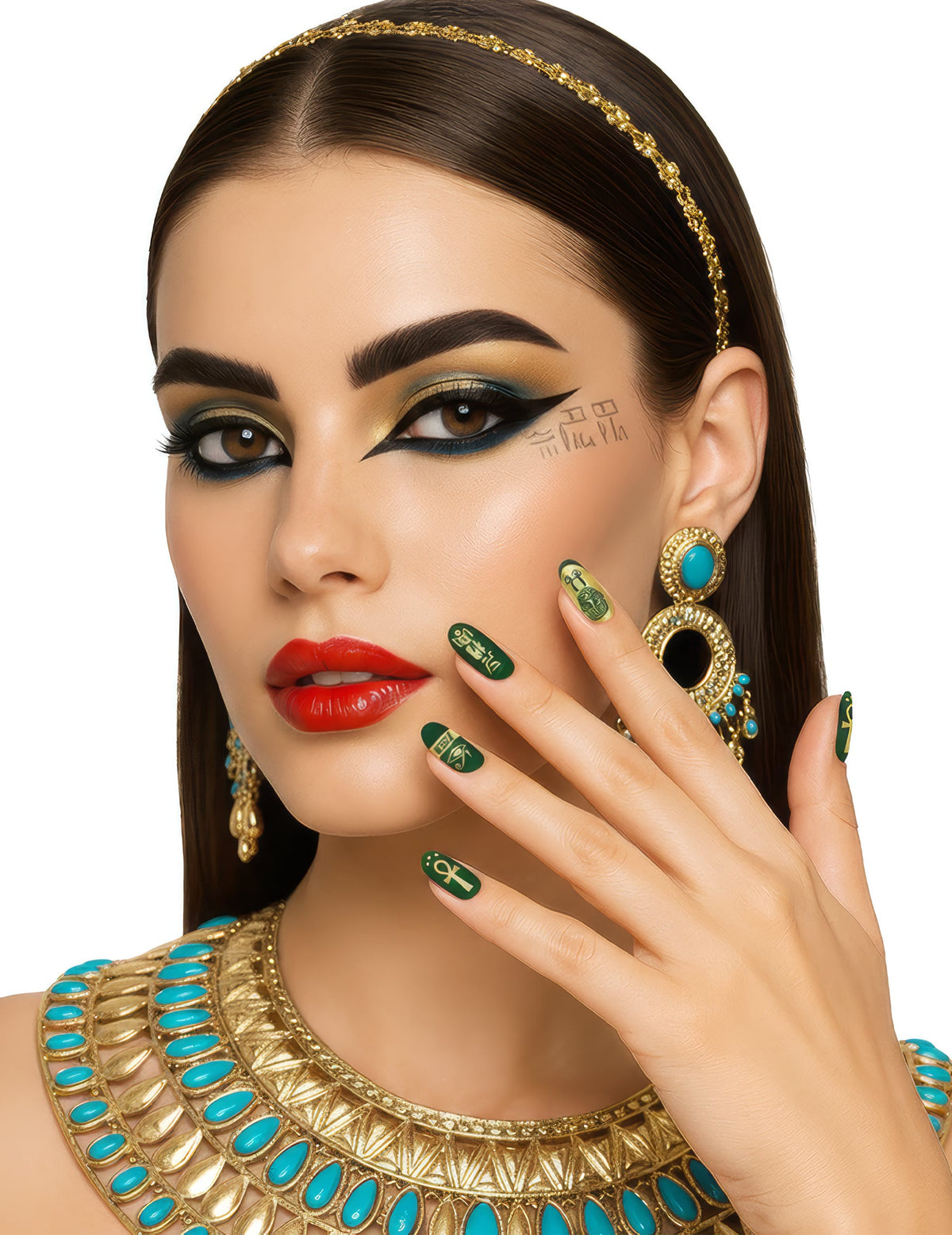 Faux ongles adhésifs Egyptiens pour femme verts avec motifs dorés