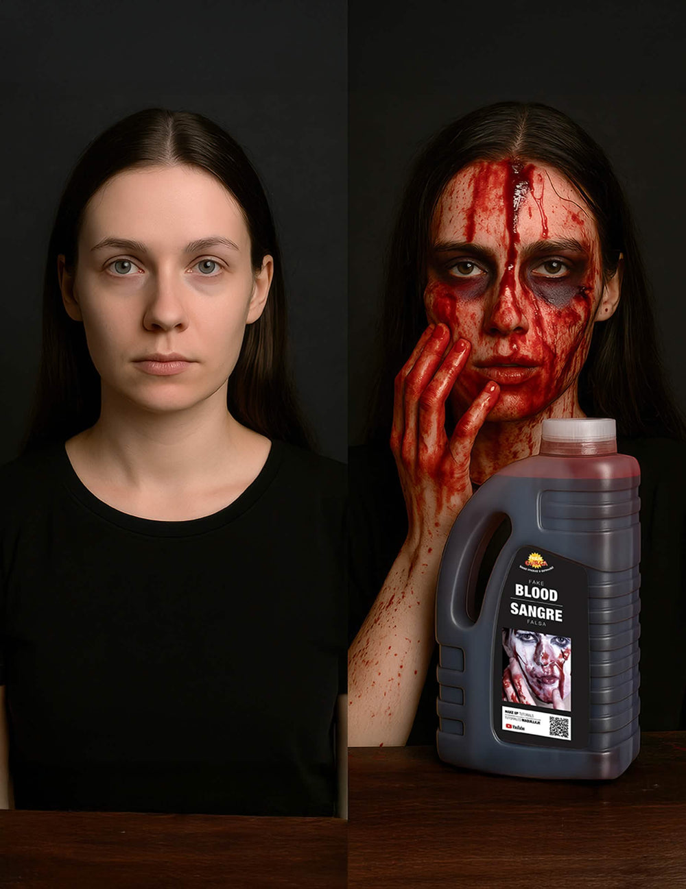 Comparaison avant et après application du faux sang Halloween