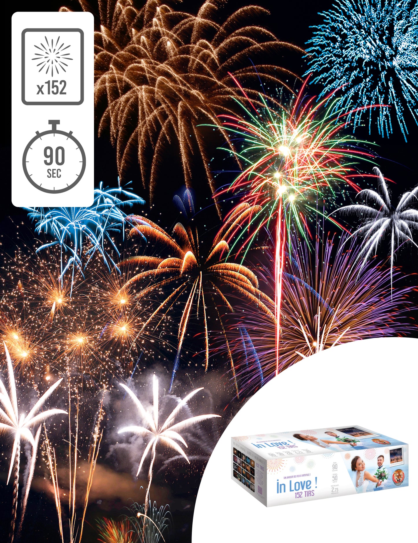 Feu d'artifice Spécial Mariage pour fête 152 tirs 90 secondes multicolore