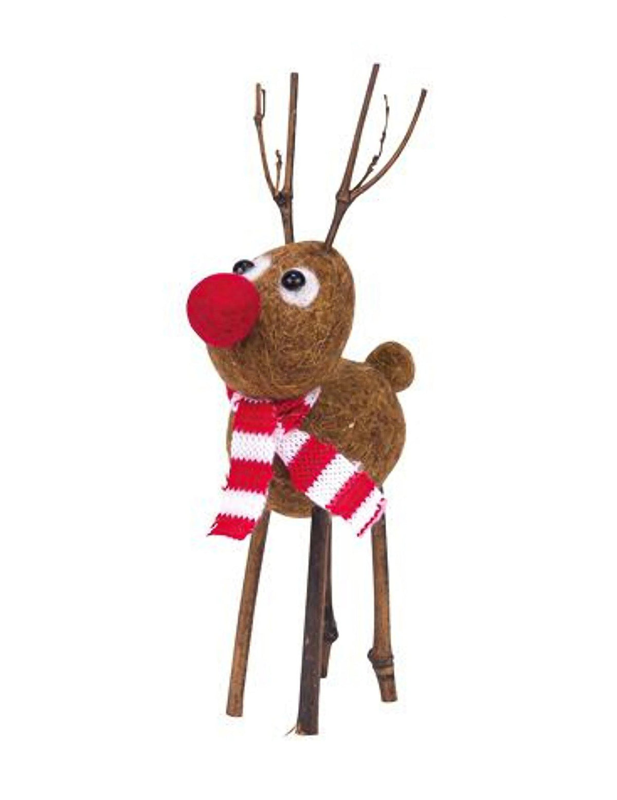 Figurine en laine bouillie renne Rudolph pour décoration marron au nez rouge et écharpe rayée