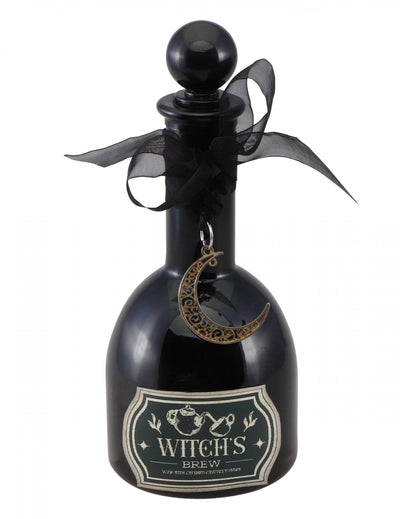 Fiole magie noire de sorcière pour Halloween noire avec pendentif croissant de lune et ruban